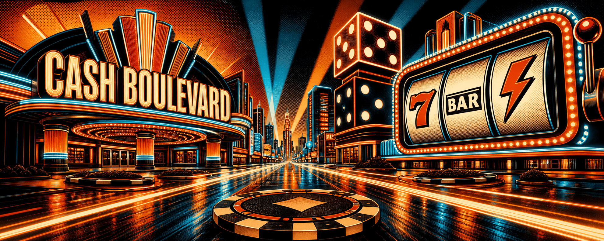 Cash Boulevard neon casino avenue with giant slot reels and dice towers