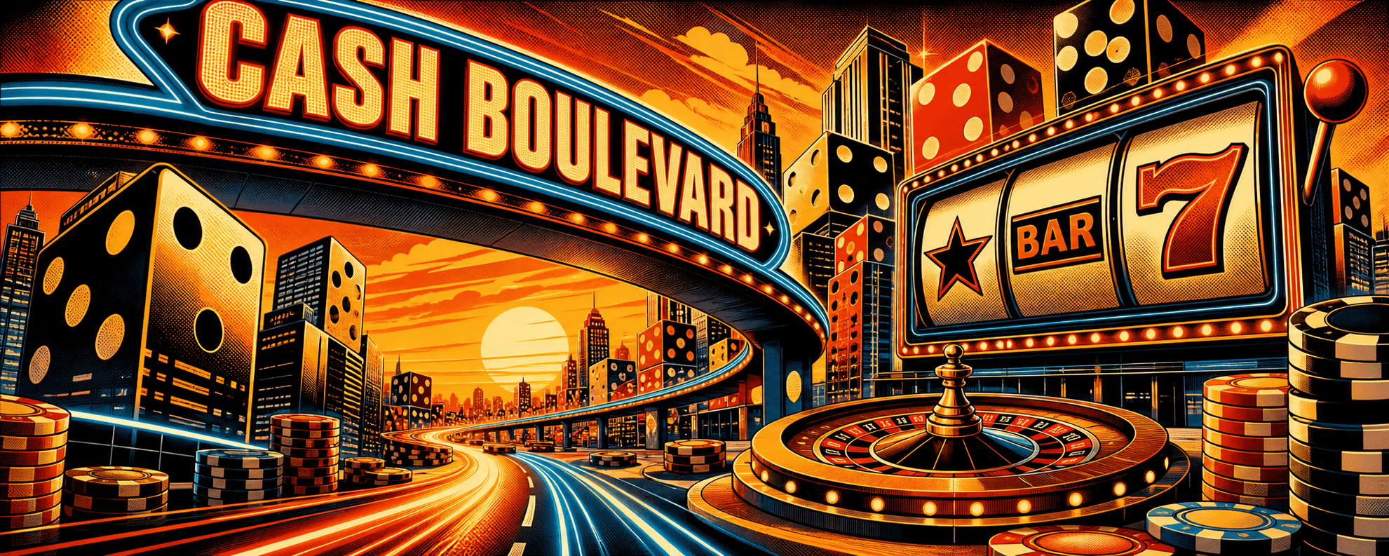 Cash Boulevard sunset casino district with slot billboard and roulette plaza