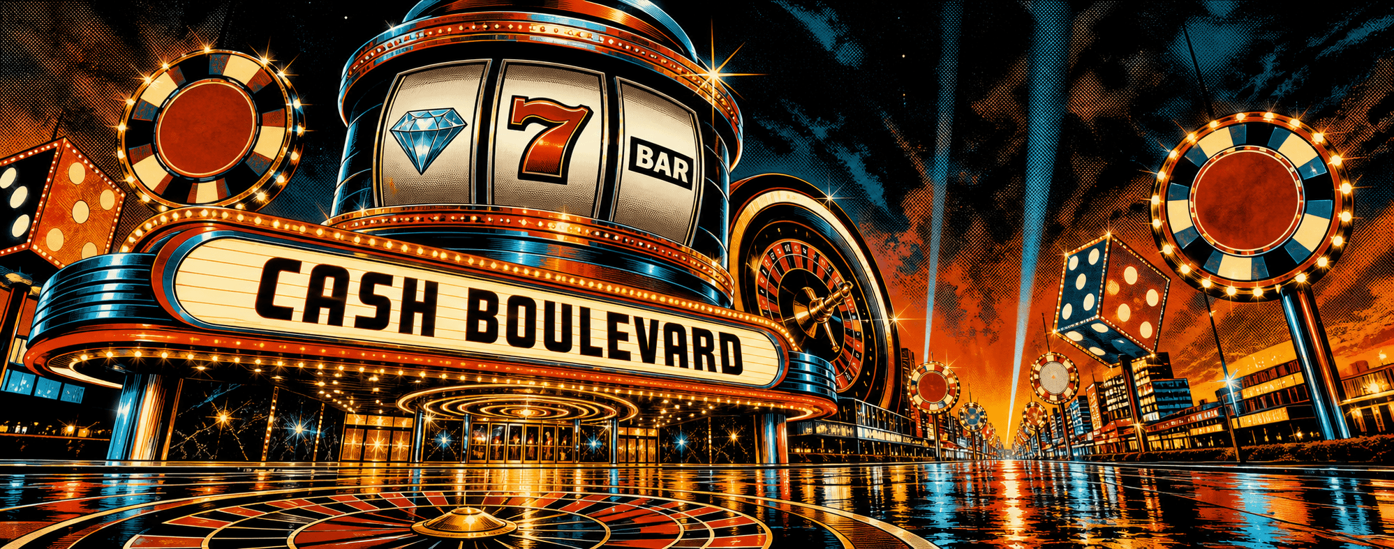 Cash Boulevard rain-lit casino marquee with slot tower and roulette street
